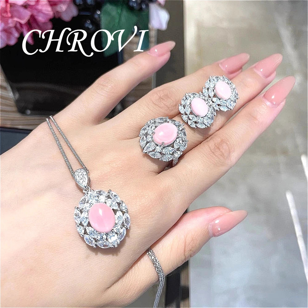 Premium 925 pure silver rouge powder conch shell necklace set, luxury earrings, high-carat diamond ring, women's accessory