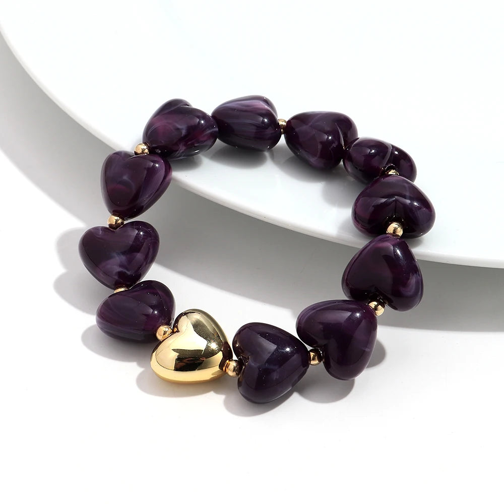 Sweet Resin Love Heart Beads Elastic Bracelets for Women Cute Geometric Heart Shape Stretch Bracelet Party Jewelry Gifts