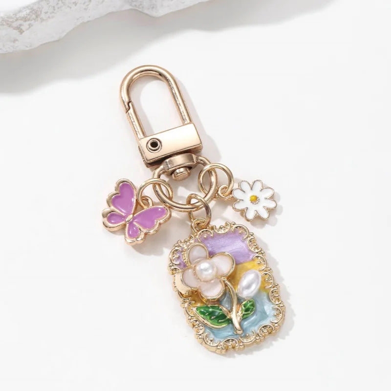 Pretty Flower Pearl Butterfly Enamel Keychain Cartoon Baroque style Plant Key Ring For Women Girls Handmade Gift DIY Jewelry