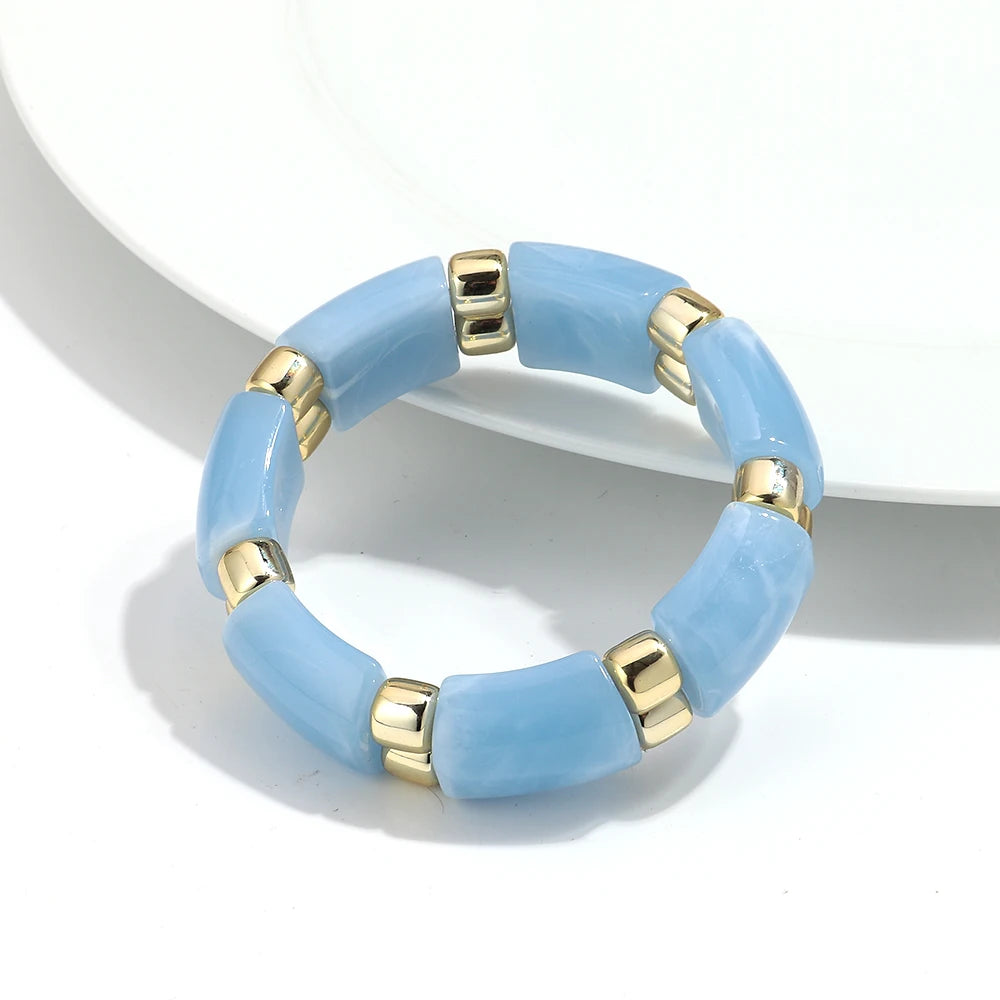 Vintage Acrylic Marbled Elastic Beads Bangle Bracelets for Women Fashion Golden CCB Round Beaded Cuff Bracelet Jewelry Gifts