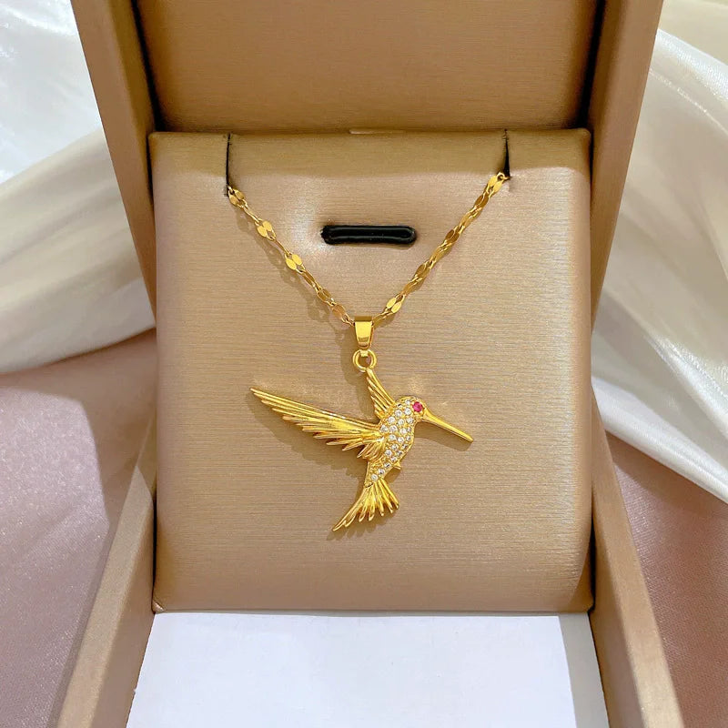 EILIECK 316L Stainless Steel Shine Cubic Zircon Butterfly Pendant Necklace for Girl Gold Color Waterproof Chic Jewelry Party
