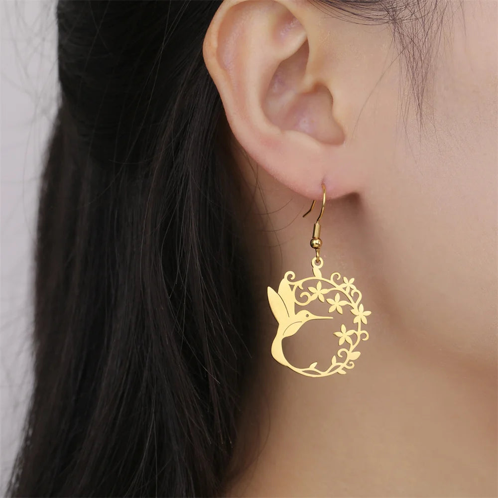 My Shape Hummingbird Earrings for Women Stainless Steel Flowers Birds Dangle Earrings Filigree Boho Fashion Jewelry  Gifts