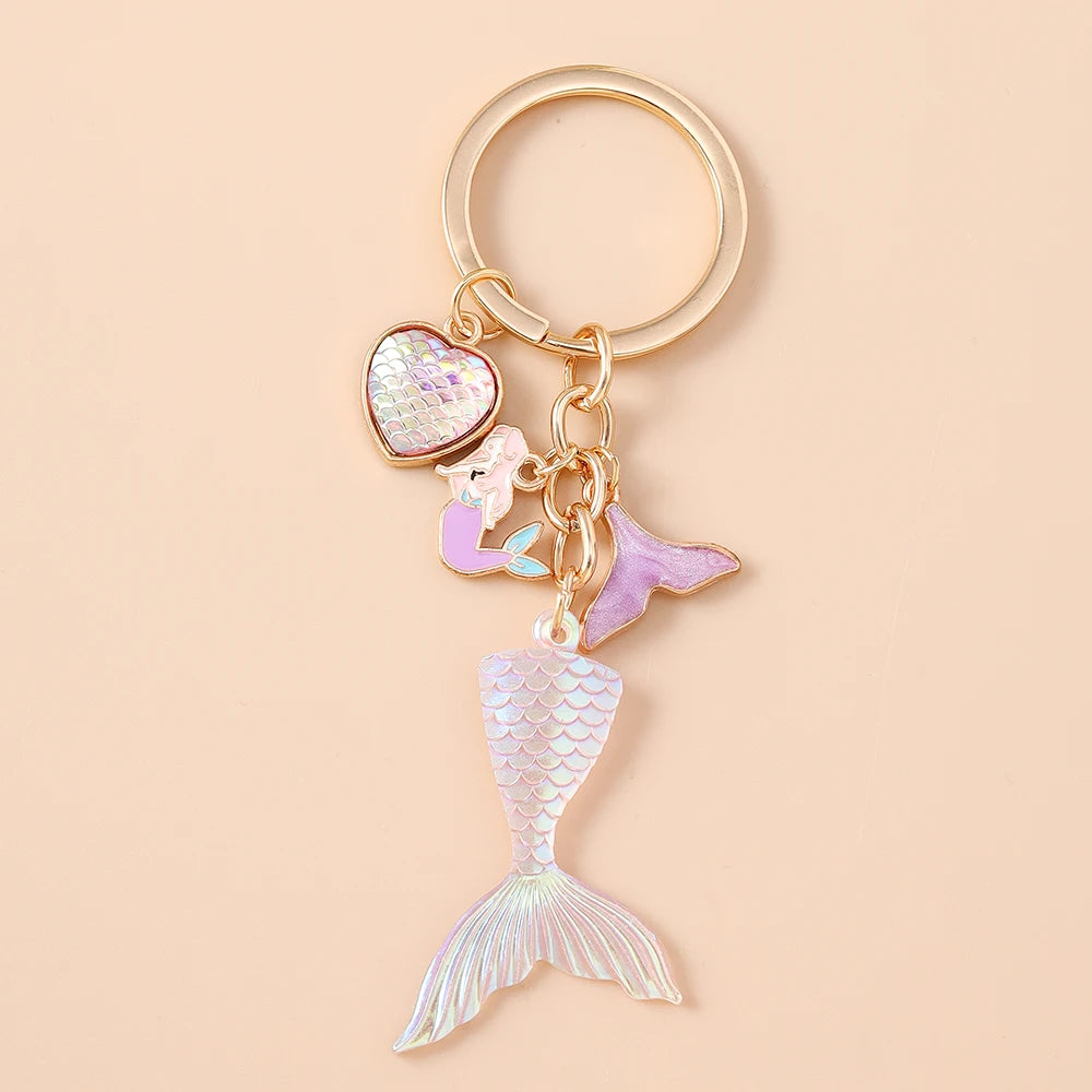 Summer Beach Mermaid Shell Starfish Keychain Women Girls Pearl Love Heart Key Ring Pendants for Handbag Decor DIY Jewelry Gifts