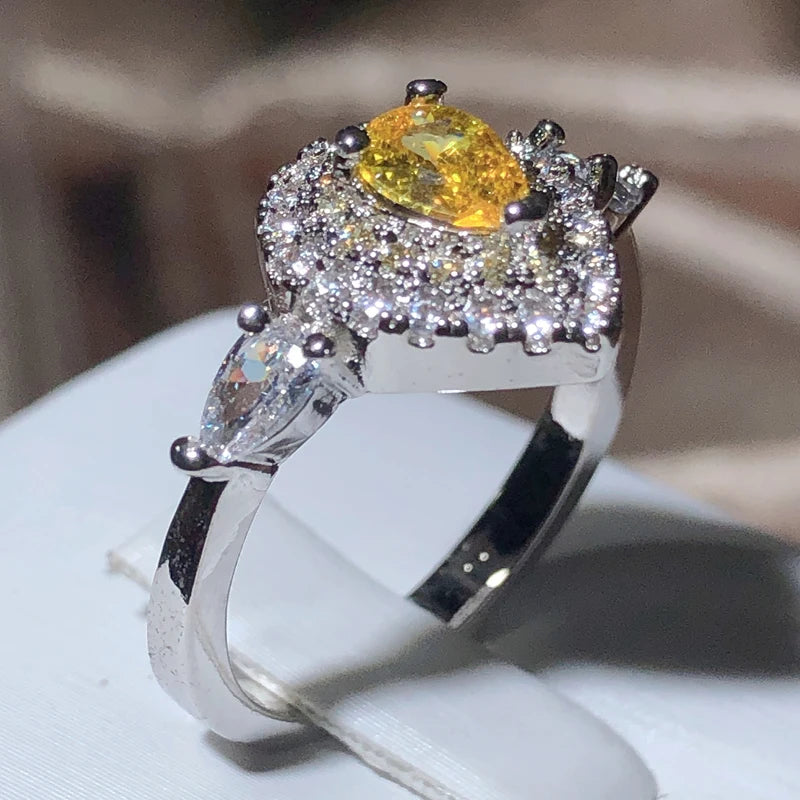 Classic Water Drop Yellow Zirconia Full Diamond Sparkle Ring Women Party Wedding 925 Stamp Fashion Jewelry Ladies Gift