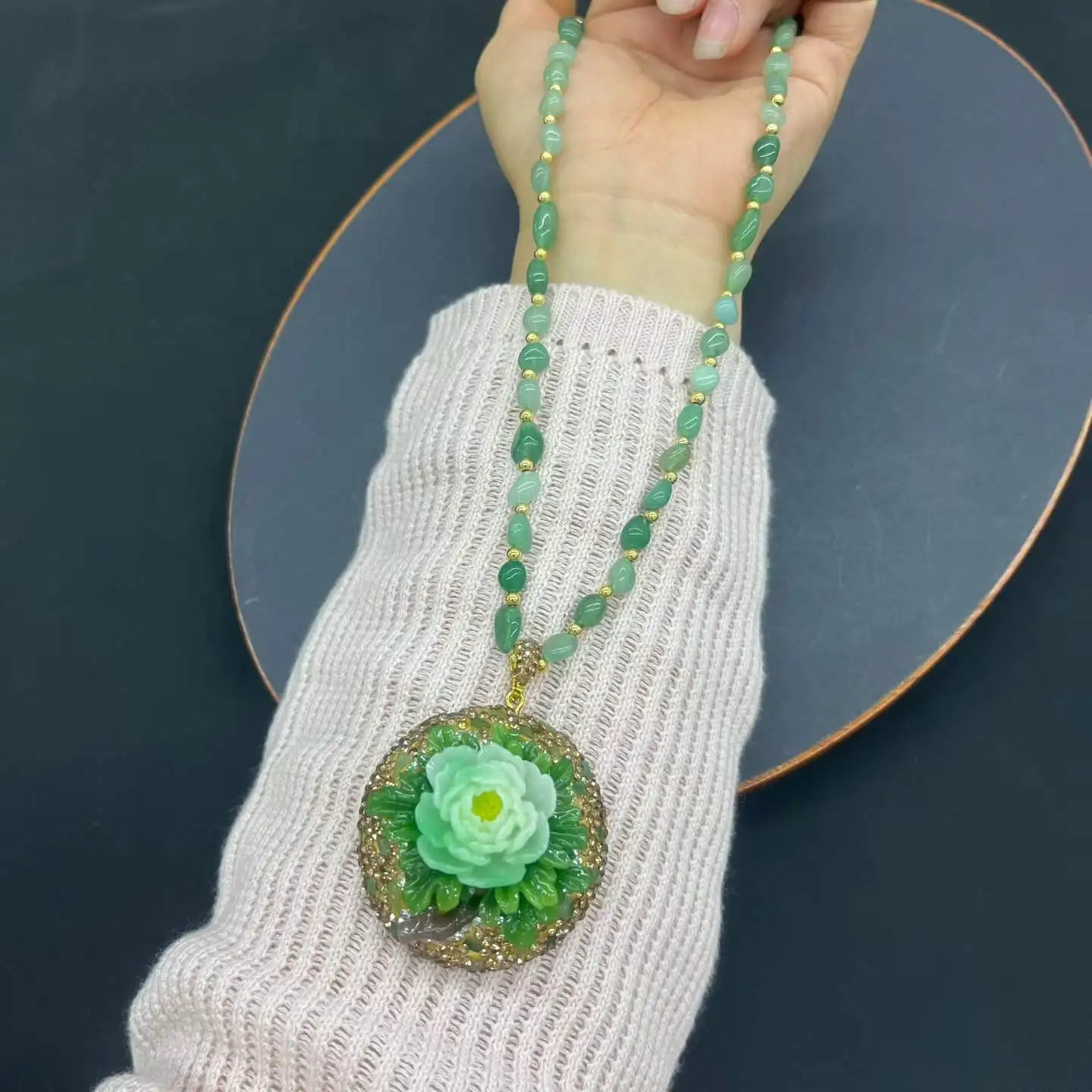 Turkish Natural Tourmaline Crystal Stone Neckalce Jade 3D Peony Flower Pattern Gemstone Pendant Charm Chain Women Lucky Jewelry