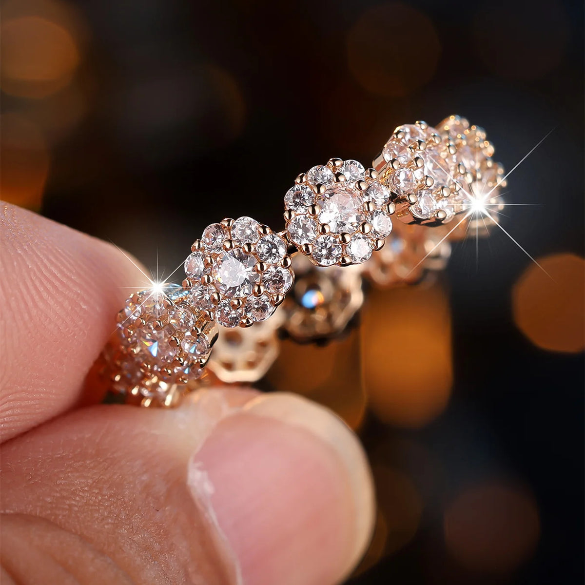 Cute Female White Zircon Stone Flower Ring Gold Color Engagement Charm Wedding Jewelry For Women