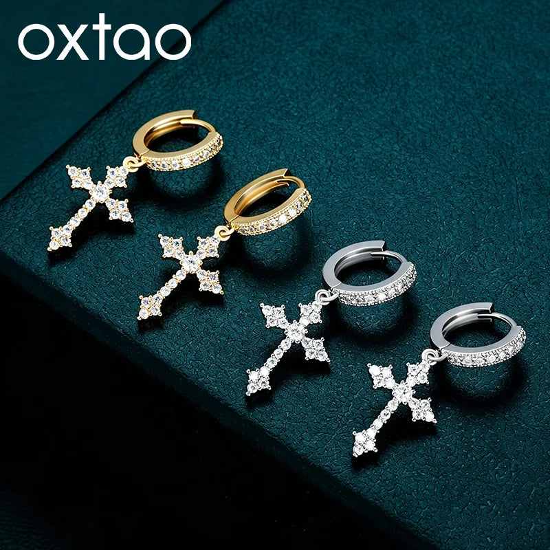 OXTAO Statement Hiphop Cross Earrings for Men Women 2.5mm D VVS1 Moissanite Drop Earrings Party Jewelery Gifts 14K Gold Filled