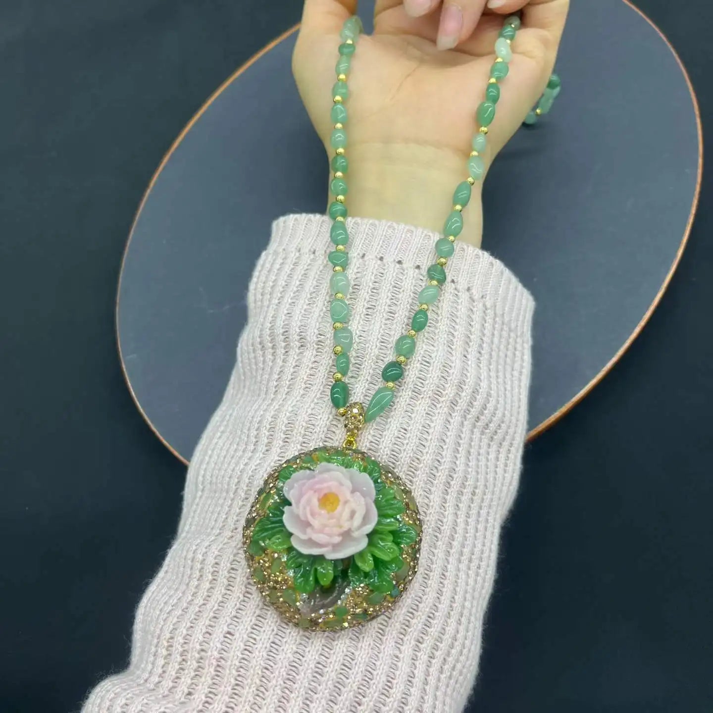 Turkish Natural Tourmaline Crystal Stone Neckalce Jade 3D Peony Flower Pattern Gemstone Pendant Charm Chain Women Lucky Jewelry