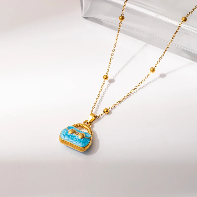ANENJERY 316L Stainless Steel Colorful Enamel Hat Bag Pendant Necklace For Women Niche Luxury Design Fashion Jewelry Wholesale