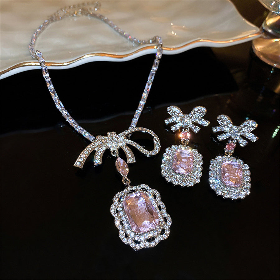 Sweet Square Pink Crystal Necklace Earrings for Women Girls Bowknot Earrings Wedding Bride Jewelry Sets Accessories