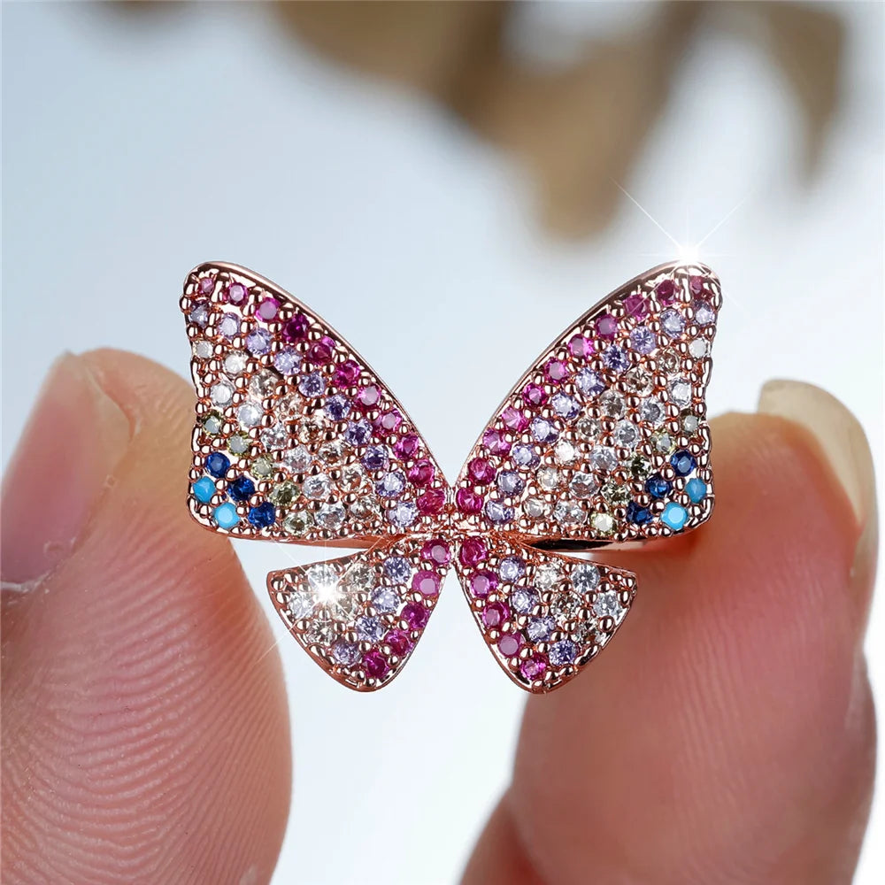 Charm Female Rainbow Butterfly Stone Adjustable Open Ring Gold Silver Color Cute Gift Wedding Jewelry For Women