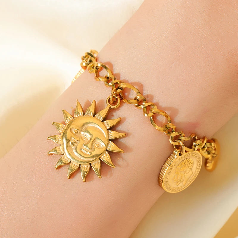 EILIECK 316L Stainless Steel Metal Golden Sun Moon Starfish Bracelet For Women Trendy Wrist Chain Handmade Jewelry Gift Party