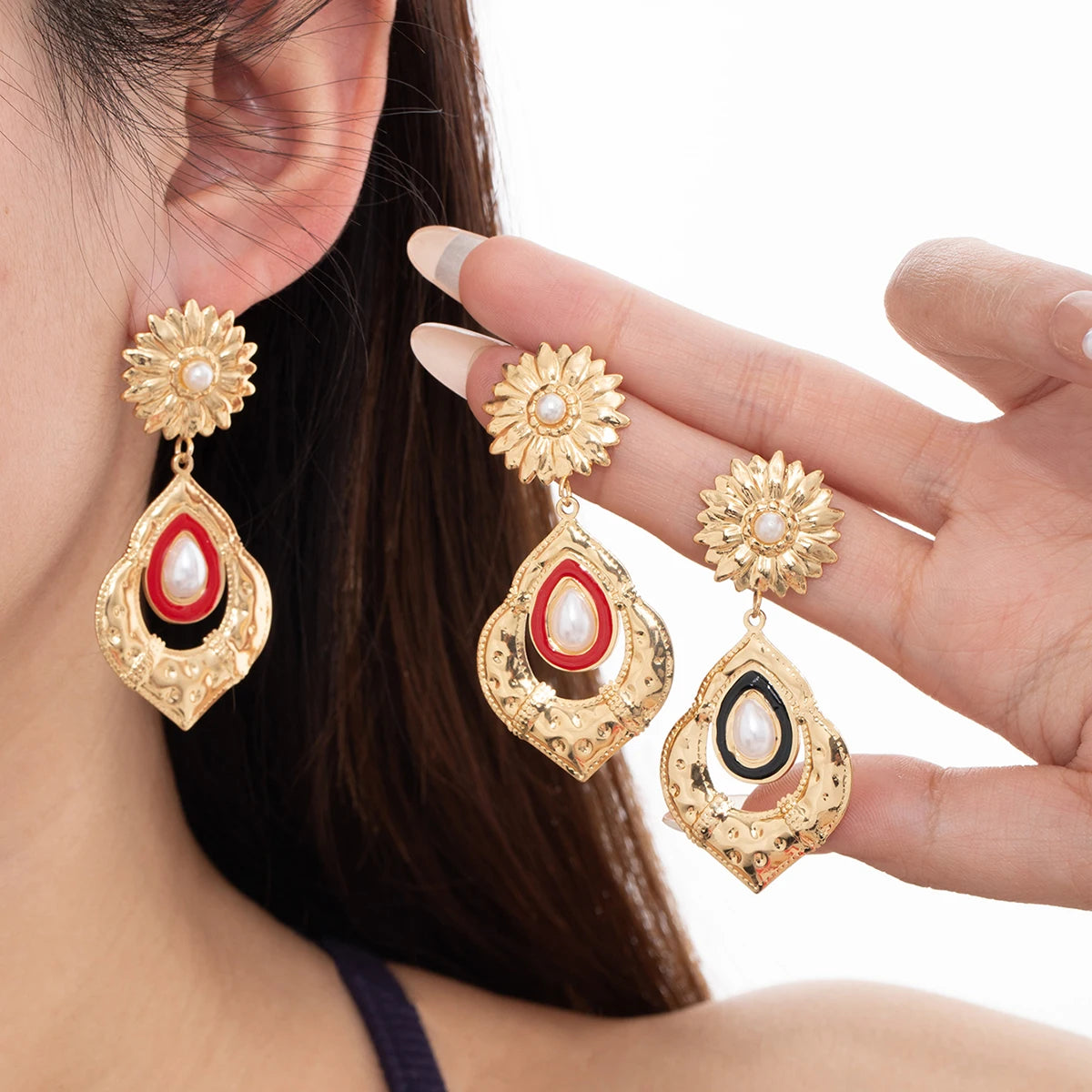 ANENJERY 316L Stainless Steel Flower Geometry Water Droplet Pearl Earrings For Women French Vintage Niche Lady Jewelry Gifts