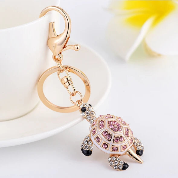 Fashion Rhinestone Crystal Metal Keychain Lovely Cartoon Marine Style Tortoise Fish Dolphin Keyring HandBag Car Pendant Gift