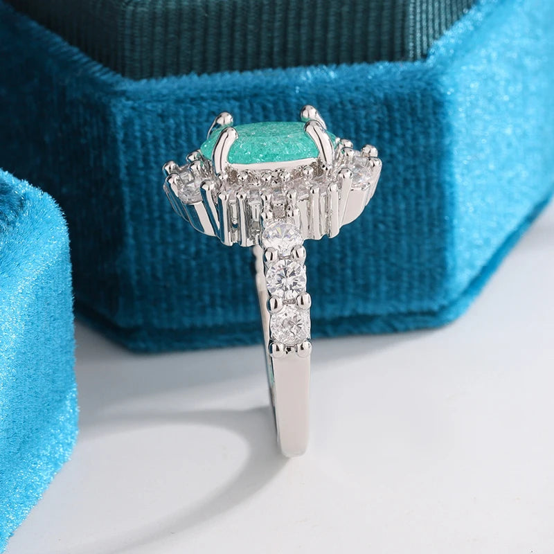 925 Silver Plated Luxurious Paraiba Sapphire Oval Full Diamond Couple Ring For Women Eometric Zirconia Valentine's Day Gift