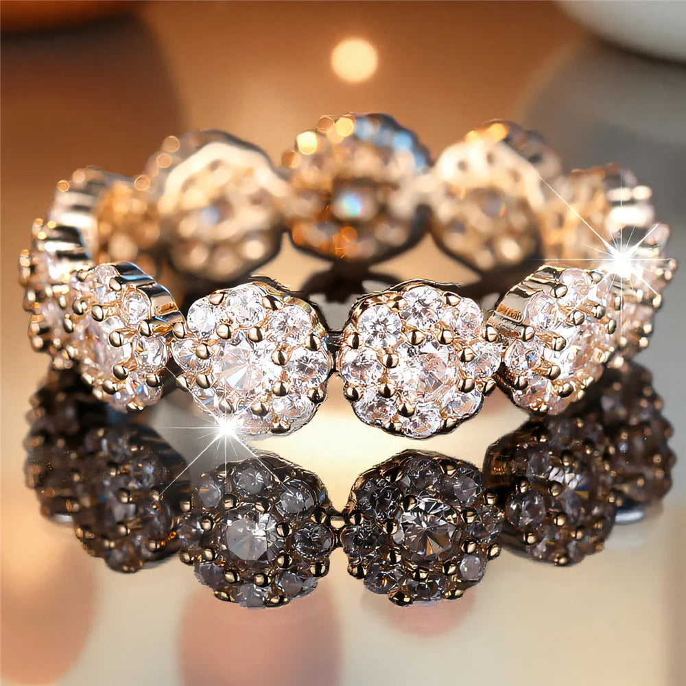Cute Female White Zircon Stone Flower Ring Gold Color Engagement Charm Wedding Jewelry For Women