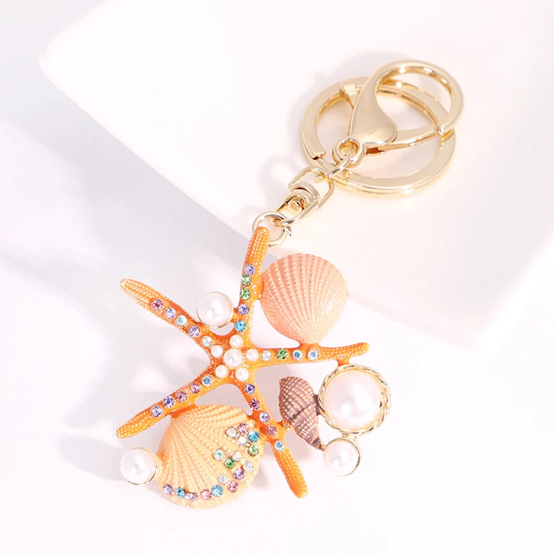 EASYA 2 Colors Sea World Crystal Starfish Keychain Fashion Simulated Pearl Shell Keyring Holders For Women Bag Car Key Chains