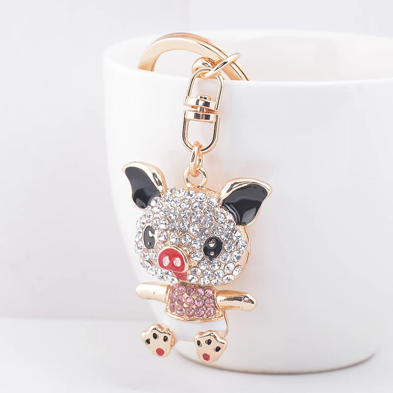 EASYA Cute Pig Shape Keychain Bag Key Ring Kawaii Anime Vintage Metal Crystal High-end Luxury Ladies Charm Jewelry gifts friends