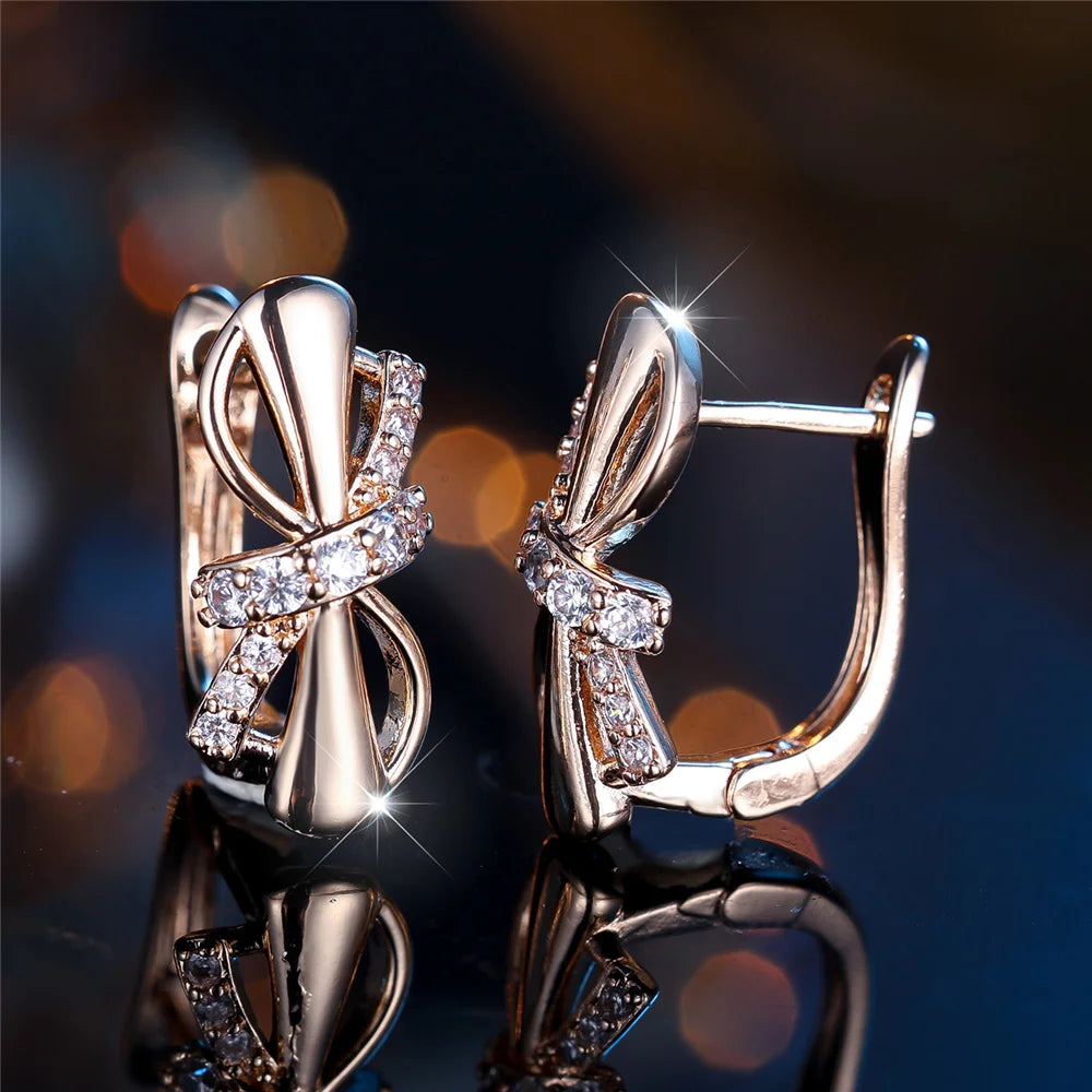 Charm Female White Crystal Zircon Stone Cute Bowknot Hoop Earrings Gold Color Simple Wedding Jewelry For Women