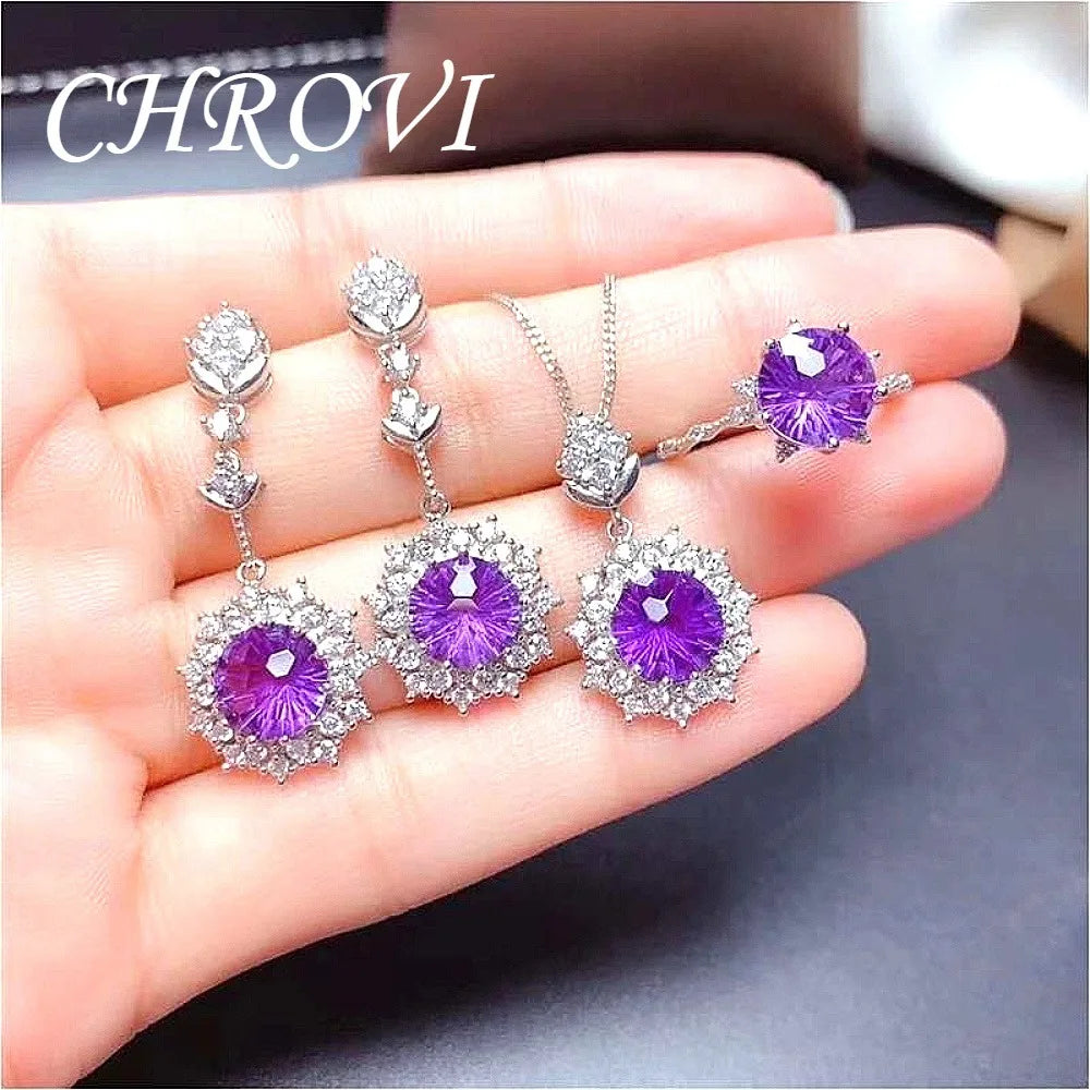 New 925 pure silver purple crystal ring pendant earring set - Sparkling cut purple crystal necklace