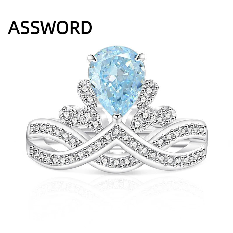 925 Sterling Silver Crown Teardrop Ice Flower Cut Cubic Zirconia Ring Twisted Split Shank Wedding Jewelry Gift for Women