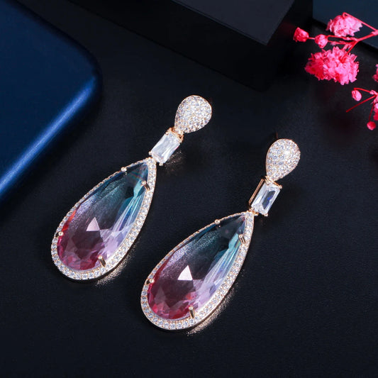 ThreeGraces Vintage Shiny Colorful Cubic Zirconia Long Big Water Drop Earrings Bridal Wedding Party Jewelry for Women E2094