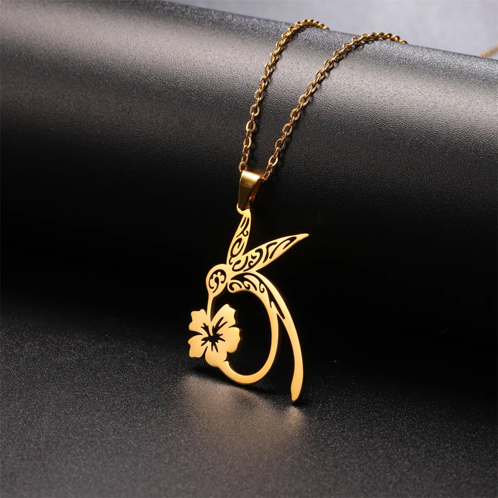 My Shape Hummingbird Flower Pendant Necklaces for Women  Bird Floral Stainless Steel Chain Choker Fashion Jewelry Gifts