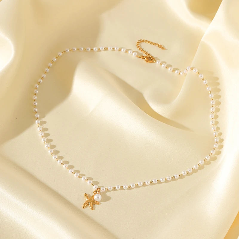 EILIECK 316L Stainless Steel Metal Sun Starfish Shells Pendant Necklace For Women Exquisite Neck Chain Waterproof Jewelry Gift