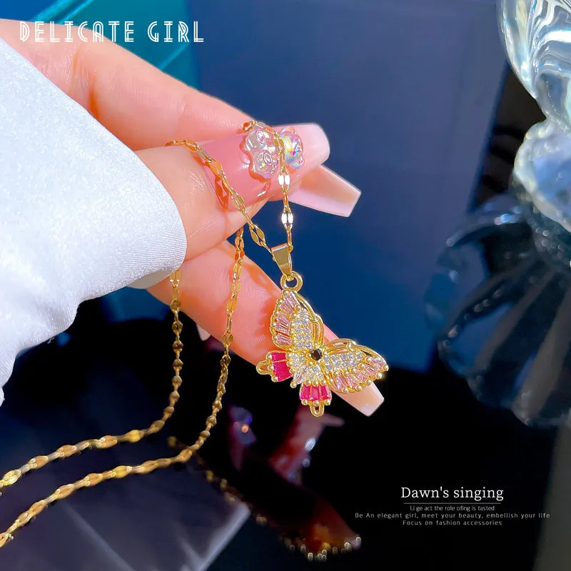 Stainless Steel Elegant Statement Butterfly Pendant Necklace Rhinestone Chain for Women Bling Crystal Choker Party Jewelry