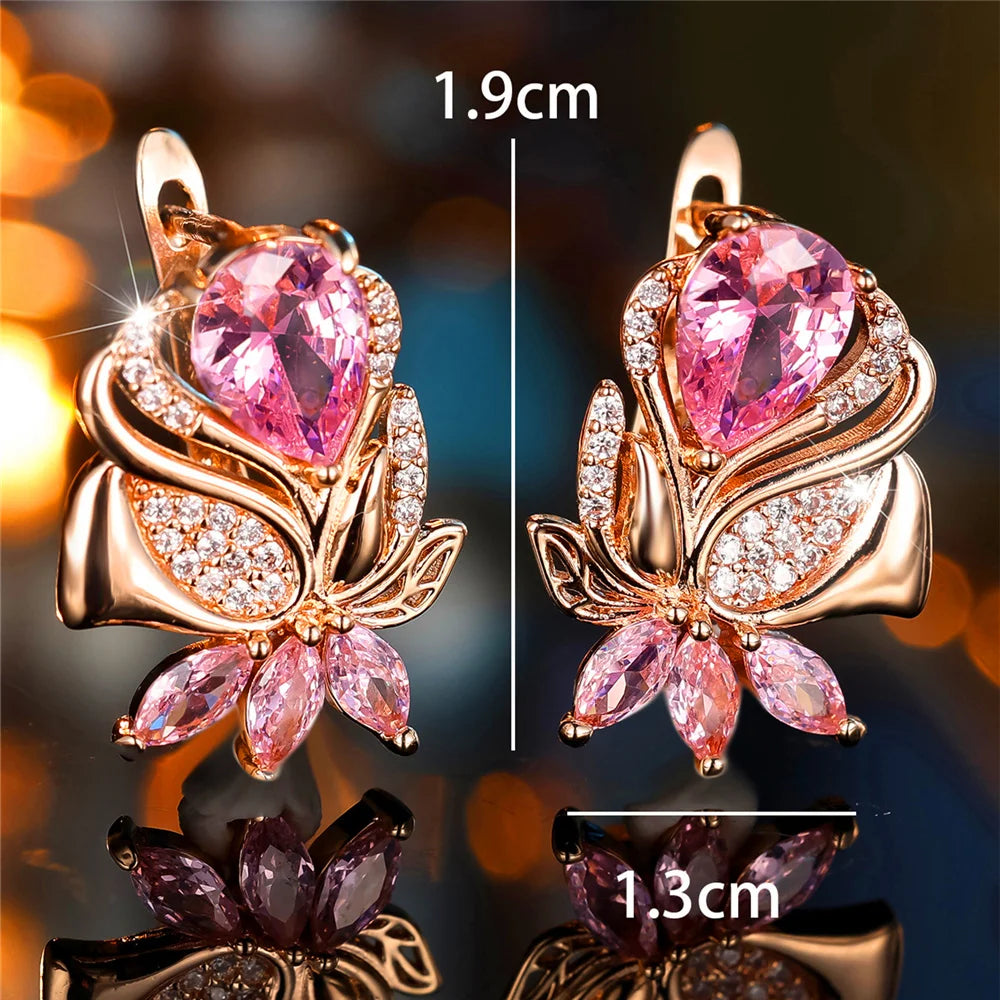 Luxury Female Pink Zircon Stone Hoop Earrings Fashion Gold Color Wedding Jewelry For Women