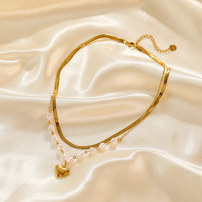 EILIECK 316L Stainless Steel Metal Geometric Heart Pendant Necklace For Women Gold Color Multilayer Neck Chain Jewelry Lady Gift