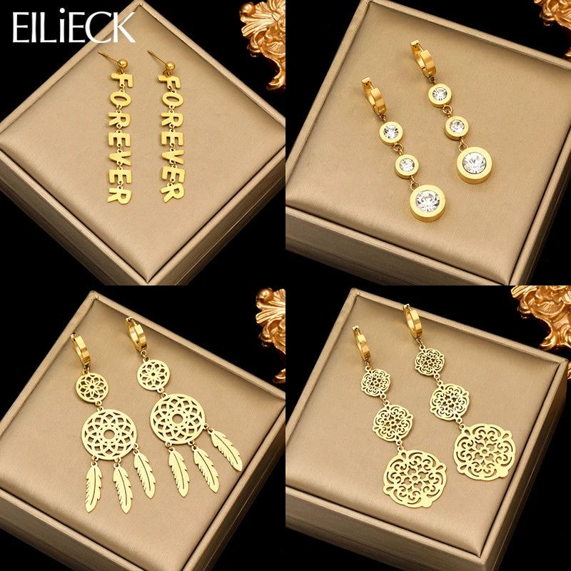 EILIECK 316L Stainless Steel Zircon Feather FOREVER Pendant Earrings For Women Fashion Ear Dangle Gold-Plated Jewelry Gift