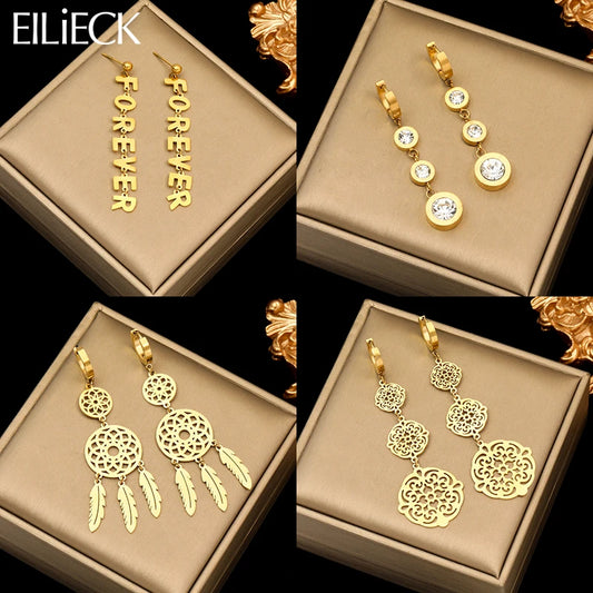EILIECK 316L Stainless Steel Zircon Feather FOREVER Pendant Earrings For Women Fashion Ear Dangle Gold-Plated Jewelry Gift