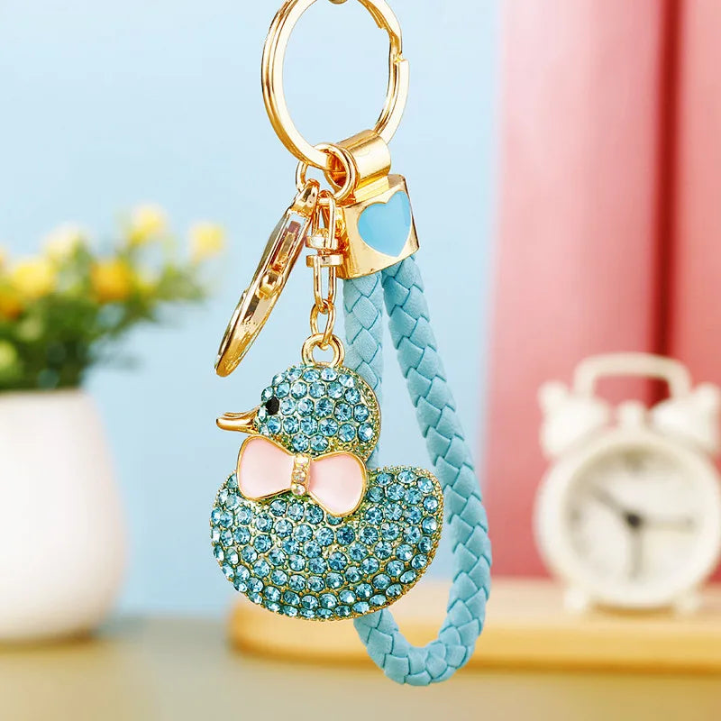 Creative rhinestone cute big yellow duck car keychain women's bag pendant metal key chain ring festival gift wholesale