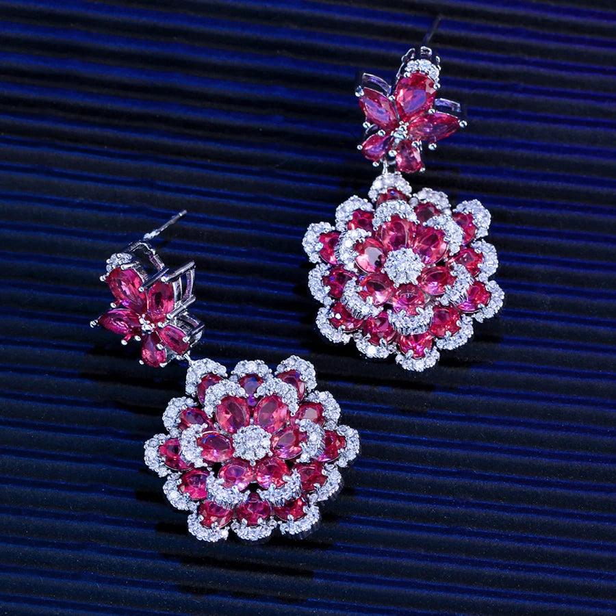 ThreeGraces Elegant Red Zirconia 3D Design Long Flower Dangle Earrings for Women Luxury Bridal Wedding Party Jewelry E1986