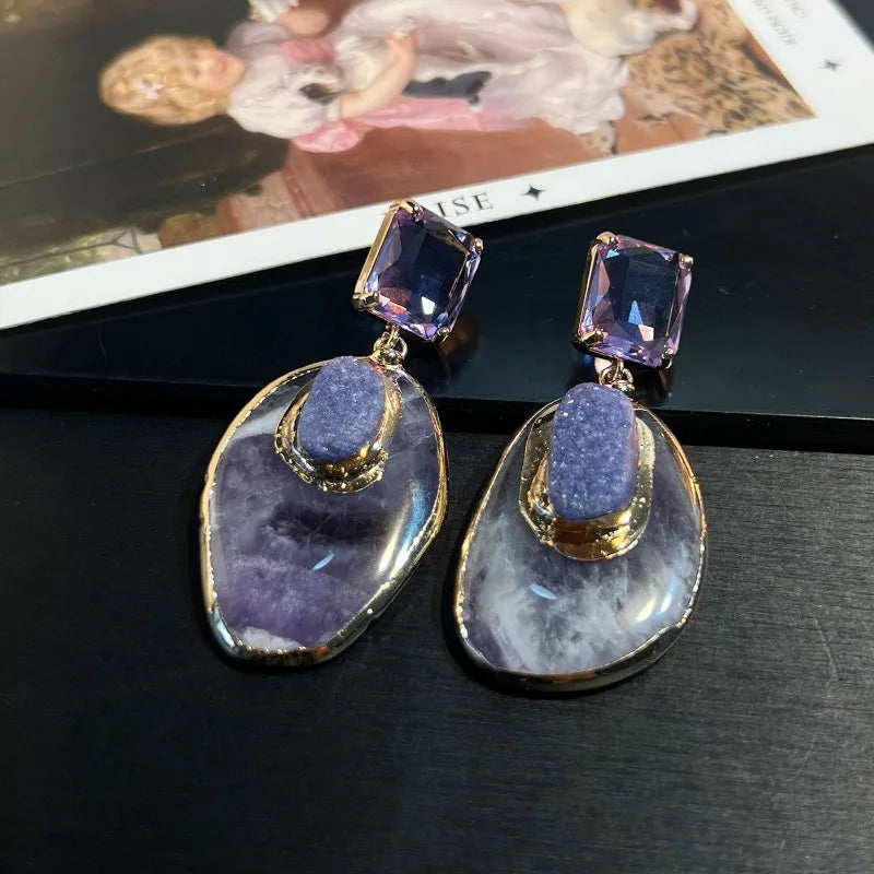 NISHIZAWA Amethyst Earrings for Women Palace Style Irregular Geometric Jewelry Fashion Vintage Elegant Aretes De Mujer