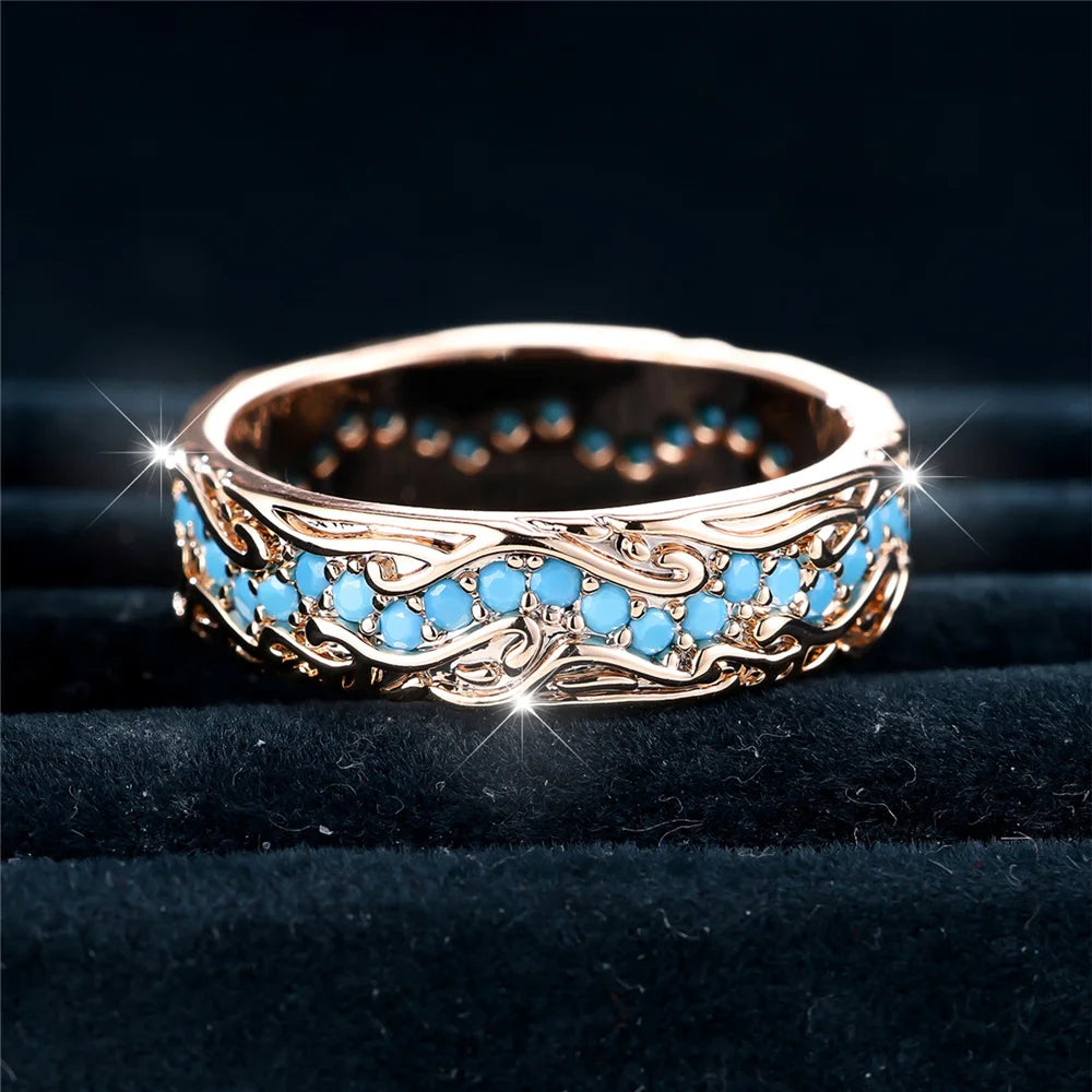 Cute Female Blue Round Stone Ring Novelty Gold Color Party Jewelry For Women