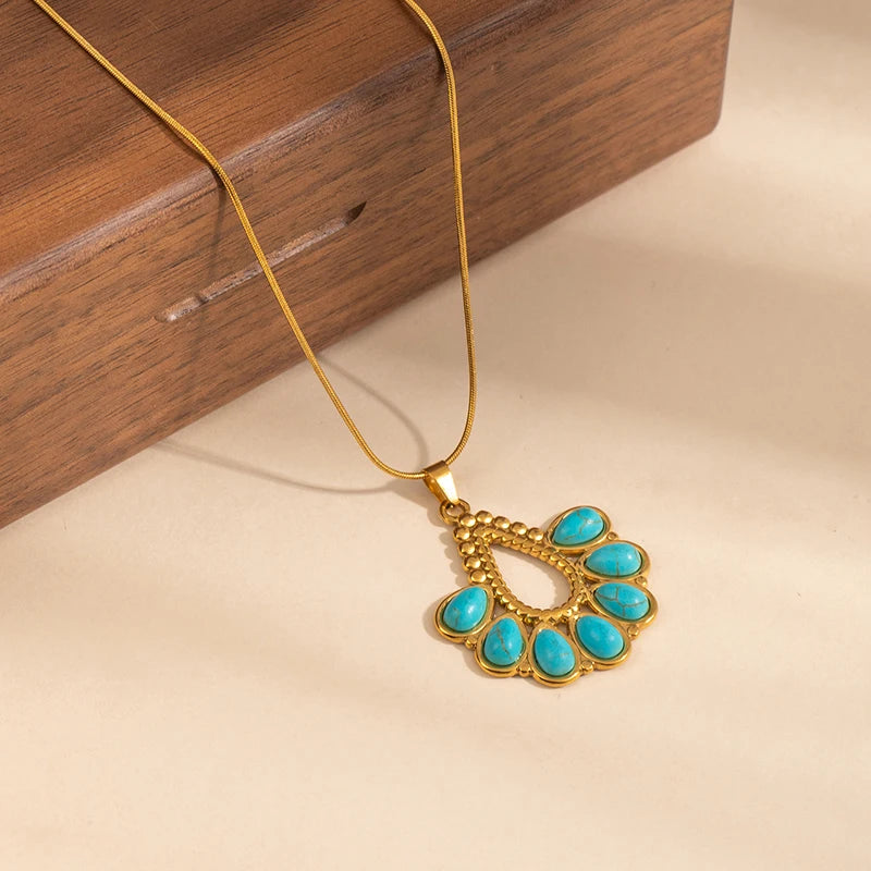 ANENJERY 316L Stainless Steel Turquoise Irregular Geometry Pendant Necklace For Women Boho Retro Personality Jewelry Gifts