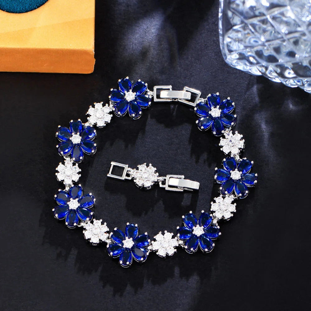 ThreeGraces High Quality Green Cubic Zirconia Gold Color Flower Link Chain Bracelet for Women Fashion Dubai Party Jewelry BR294