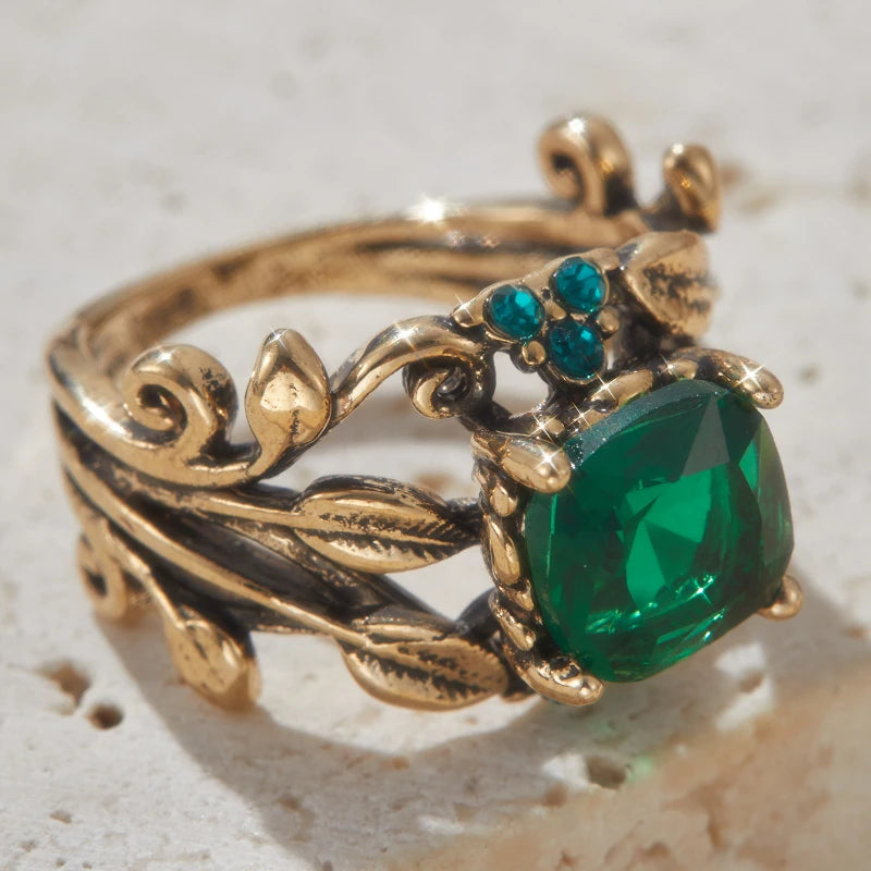1PC Gold Color Leaf Design Ring for Women with Square Green Cubic Zirconia Aesthetic Female Wedding Party Trendy Jewelry