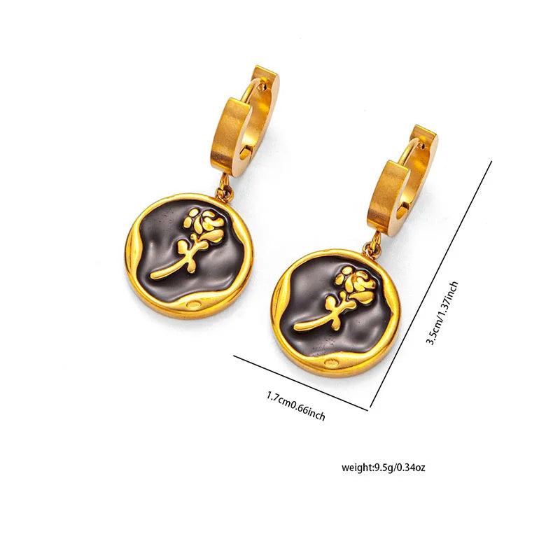 ANENJERY 316L Stainless Steel Rose Black White Pendant Necklace Earring For Women Vintage Gentle Jewelry Set Gifts
