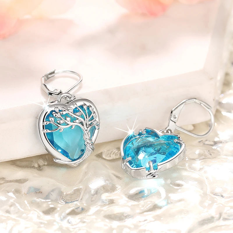 Huitan Elegant Women Blue Heart Drop Earrings Aesthetic Engagement Accessories Charming Tree Design Anniversary Jewelry Gift