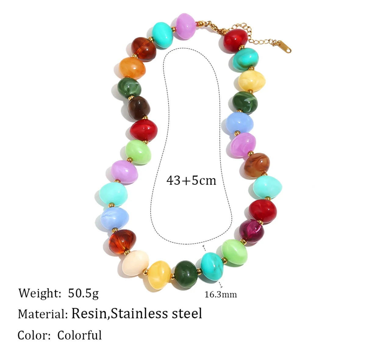E.B.belle Colorful Candy Bead Strand Necklace Adjustable Gold Extension Chain Flat Oval Resin Beads Fashion Beach Women Jewelry
