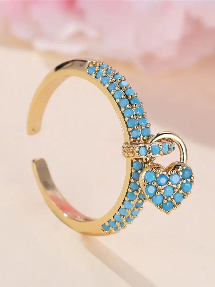 Charm Female Water Blue Crytal Adjustable Love Heart Open Ring Gold Color Cute Gift Wedding Jewelry For Women