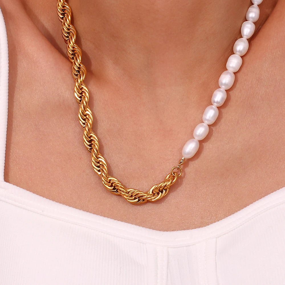 E.B.belle Bold Twisted Rope Chain Splicing with Freshwater Pearl Chunky Chain Necklace Jewelry On The Neck For Women