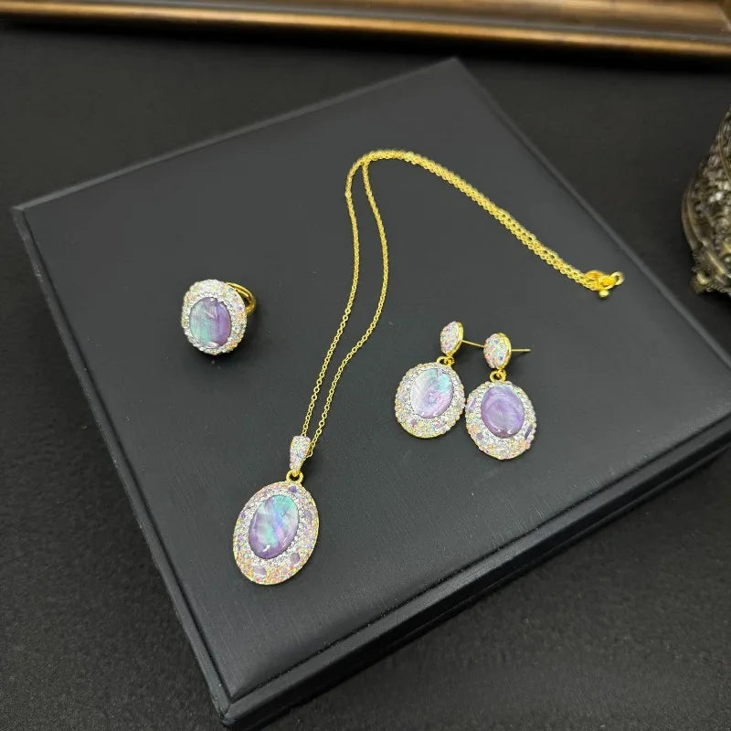Shell Earrings for Women Geometric Inlaid Rhinestones Vintage Jewelry Sets Light Luxury Fashion Elegant Aretes De Mujer