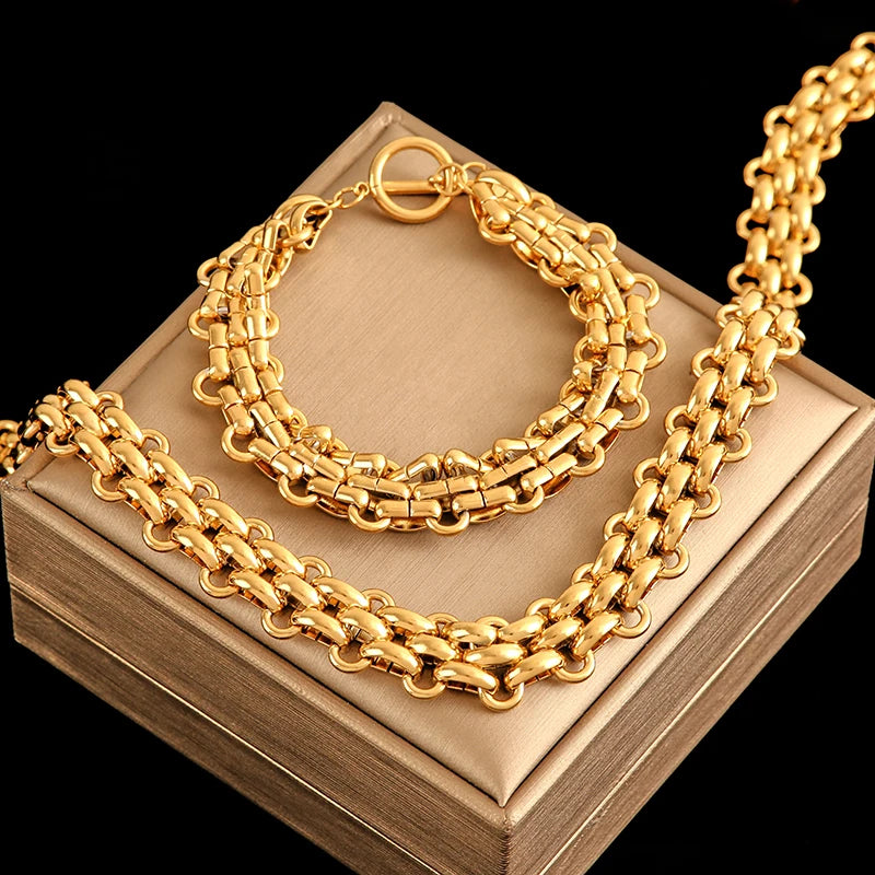 EILIECK 316L Stainless Steel Silver Color Cuban Chain Statement Necklace Bracelet Set Charm Fashion Women Waterproof Jewelry Set