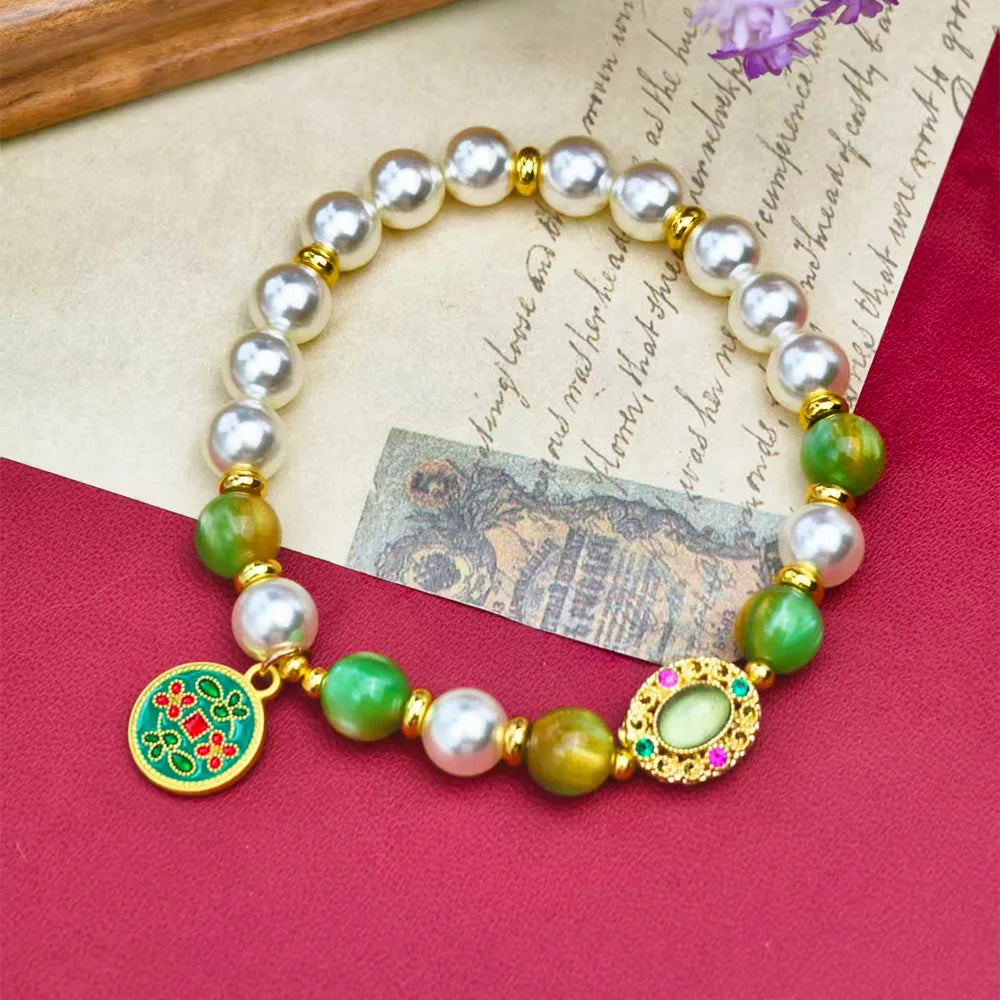 NEW Pearl Green stone Beaded Bracelet for Women Golden Enamel Charm Chinese Boho Bracelet Wedding Party Daily Wear Jewelry Gift