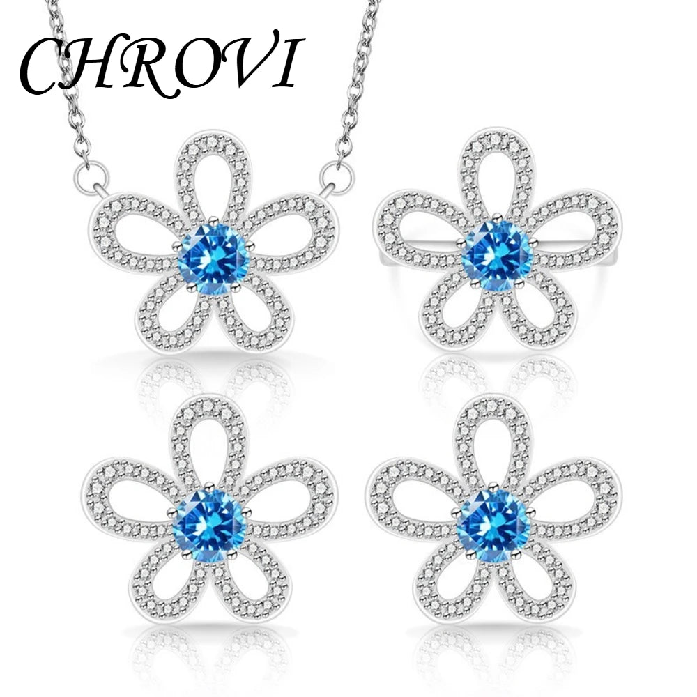 Sweet 925 sterling silver luxury full-diamond five-petal flower gemstone pendant ring earring three-piece jewelry set