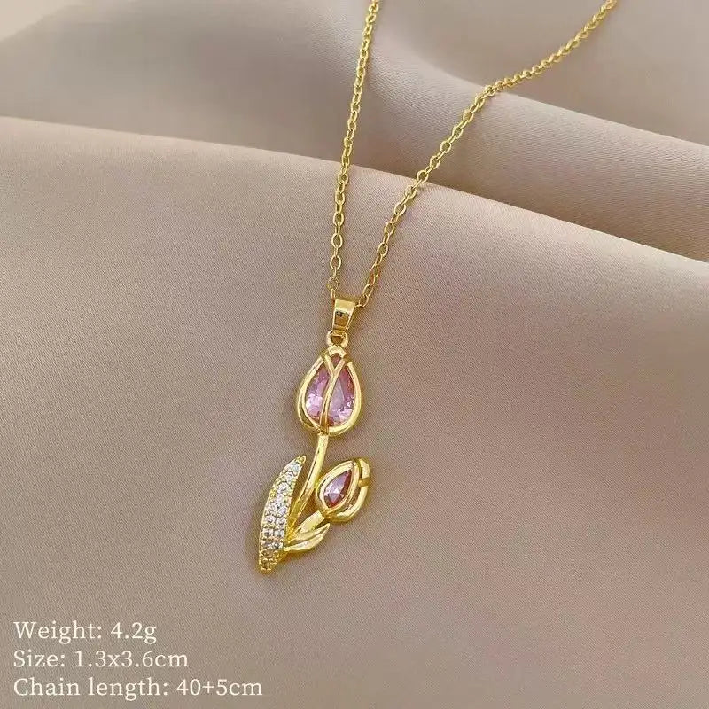 EILIECK New Tulip Flower Cubic Zirconia Chain Necklace Stainless Steel Fashion Collar Necklace Jewelry for Women Bijoux Gift